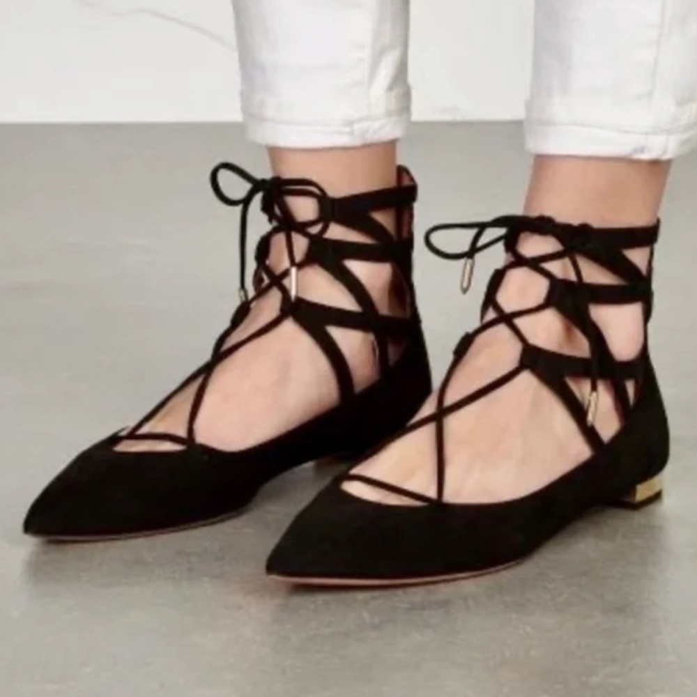 Aquazurra Belgravia Black Suede Lace Up Flats 37